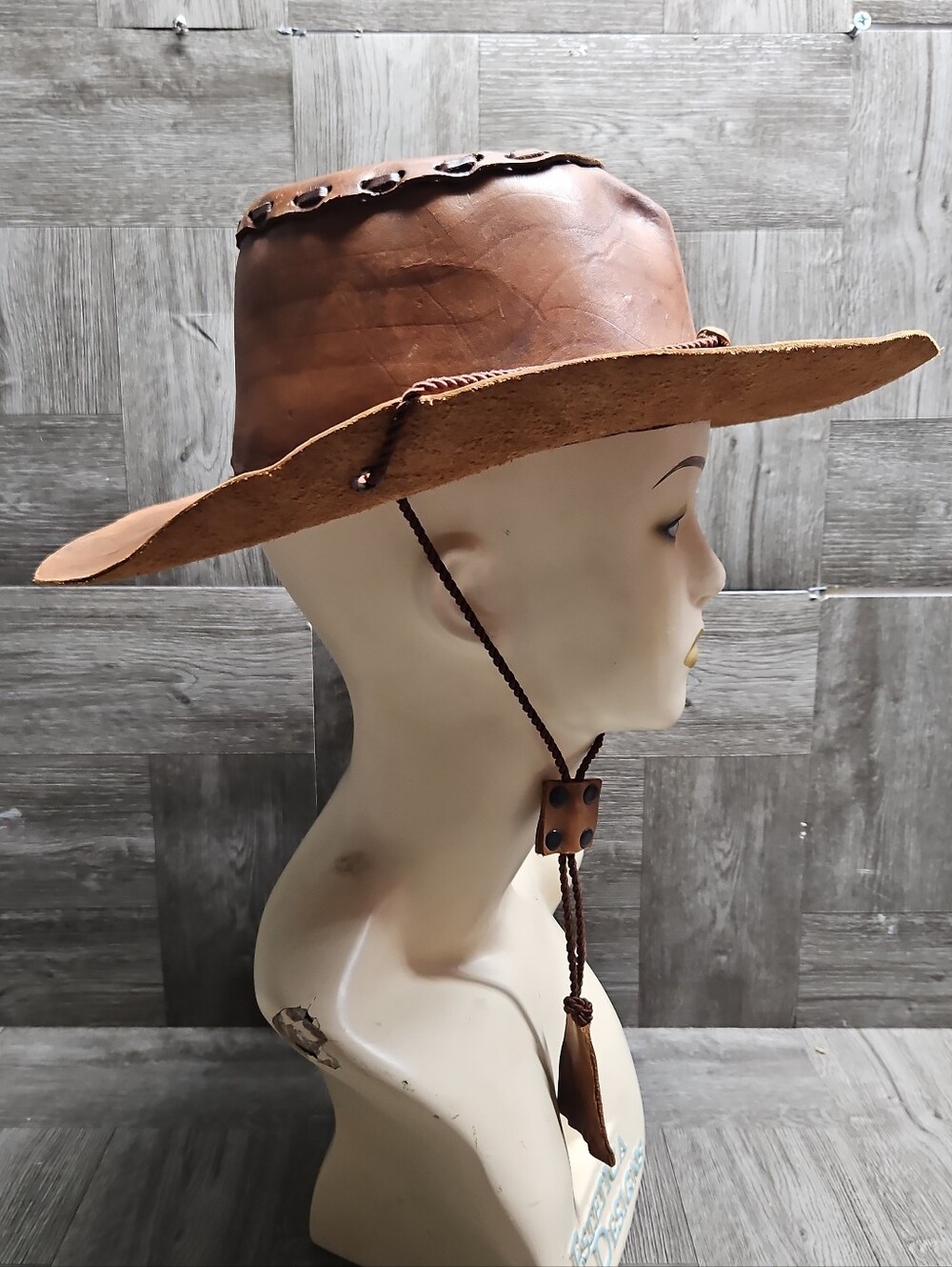 Leather Outback Western Cowboy Style Leather Hat Pull String